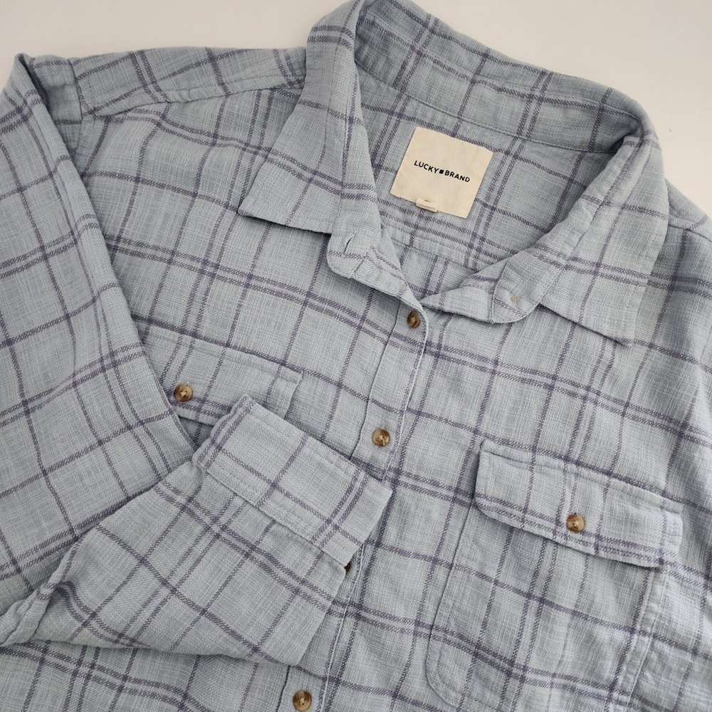 Lucky Brand Blue Plaid Cropped Raw Hem Button Up Shirt Women's‎ XL Cotton